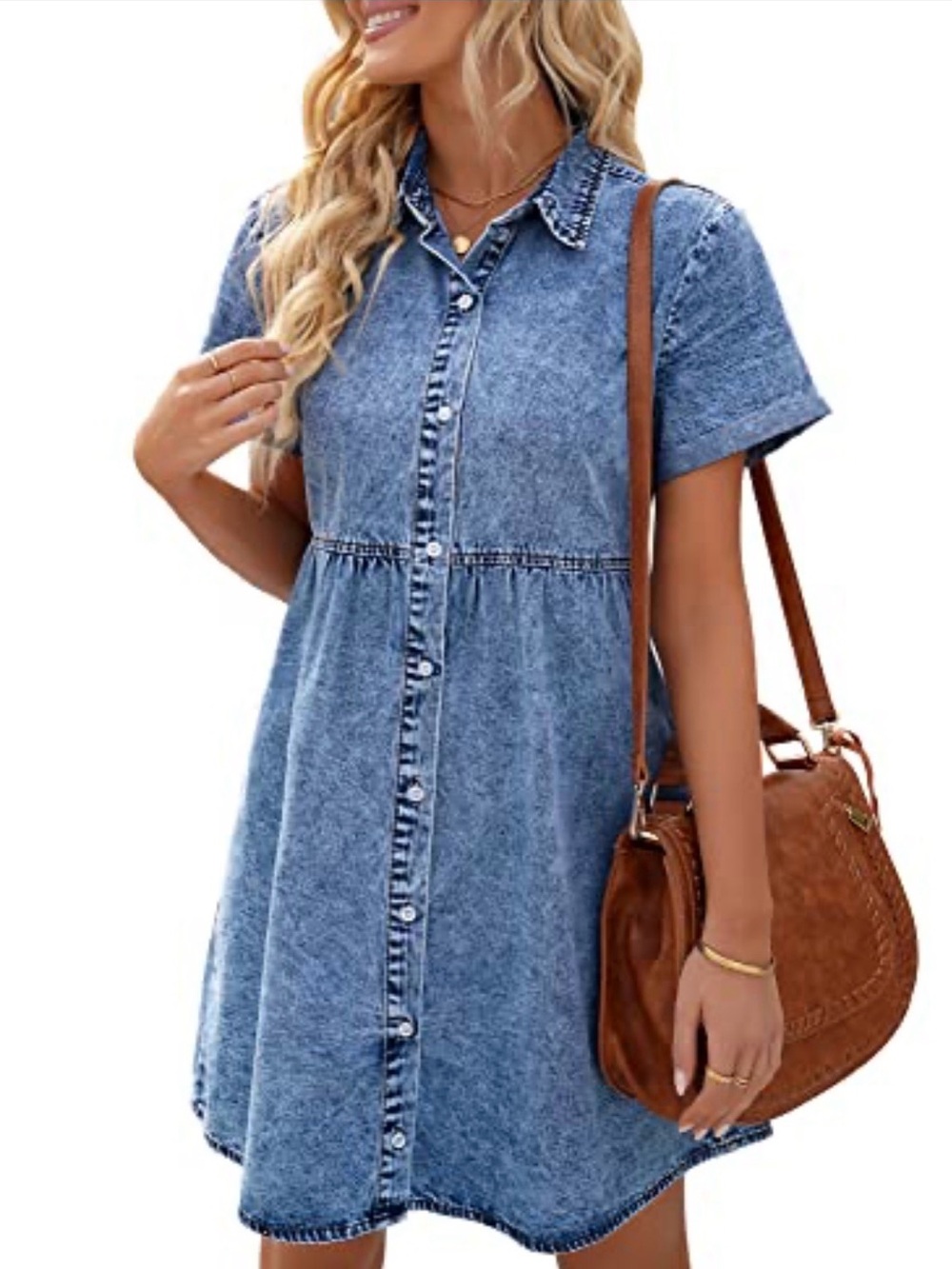 Casual Denim Button-Front Short Sleeve Dress - Blue